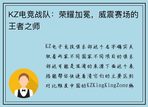 KZ电竞战队：荣耀加冕，威震赛场的王者之师